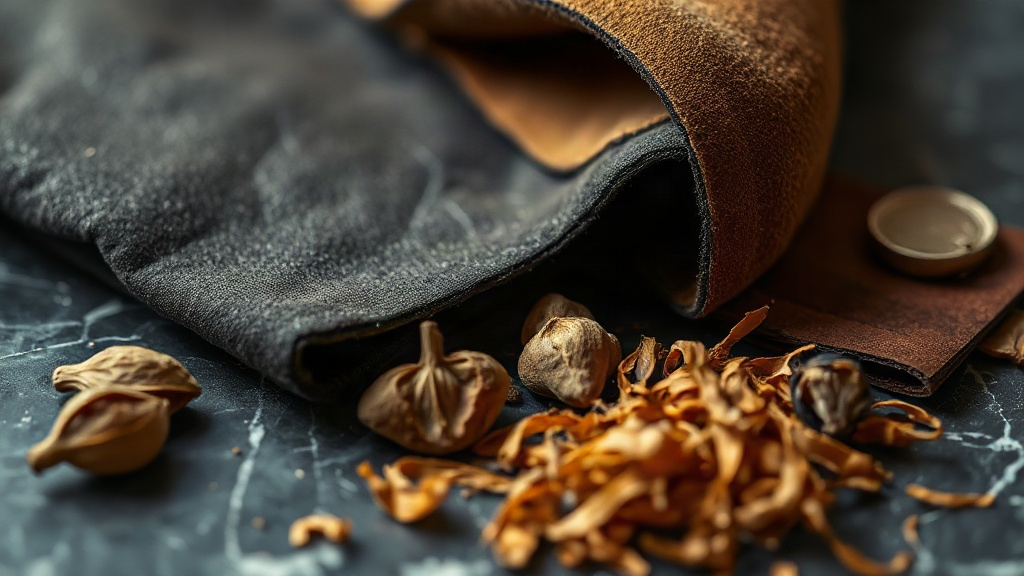 close-up still life of raw perfume ingredients for a leather fragrance - a piece of dark tanned leather, a suede fabric 