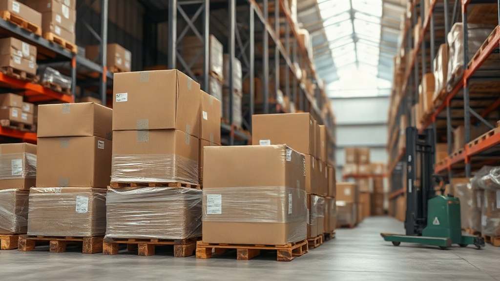 Warehouse scene with stacked cardboard shipping cartons wrapped in protective film on wooden pallets, a pallet jack near
