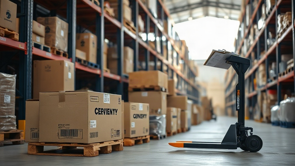 logistics dock with branded courier boxes and cargo pallets being checked against customs paperwork on a clipboard, pall
