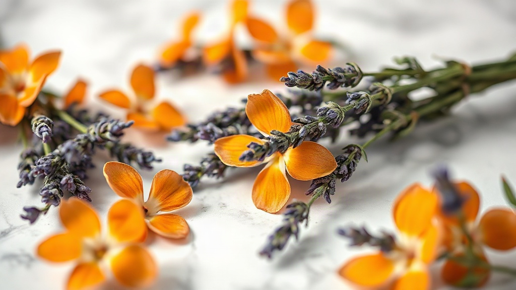 close-up macro photograph of fresh lavender bundles and orange blossom flowers arranged on a pale marble surface, soft n