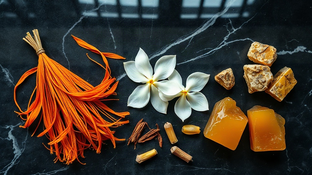 overhead flat-lay of raw saffron threads, fresh jasmine blossoms and chunks of amber resin arranged on a polished dark m