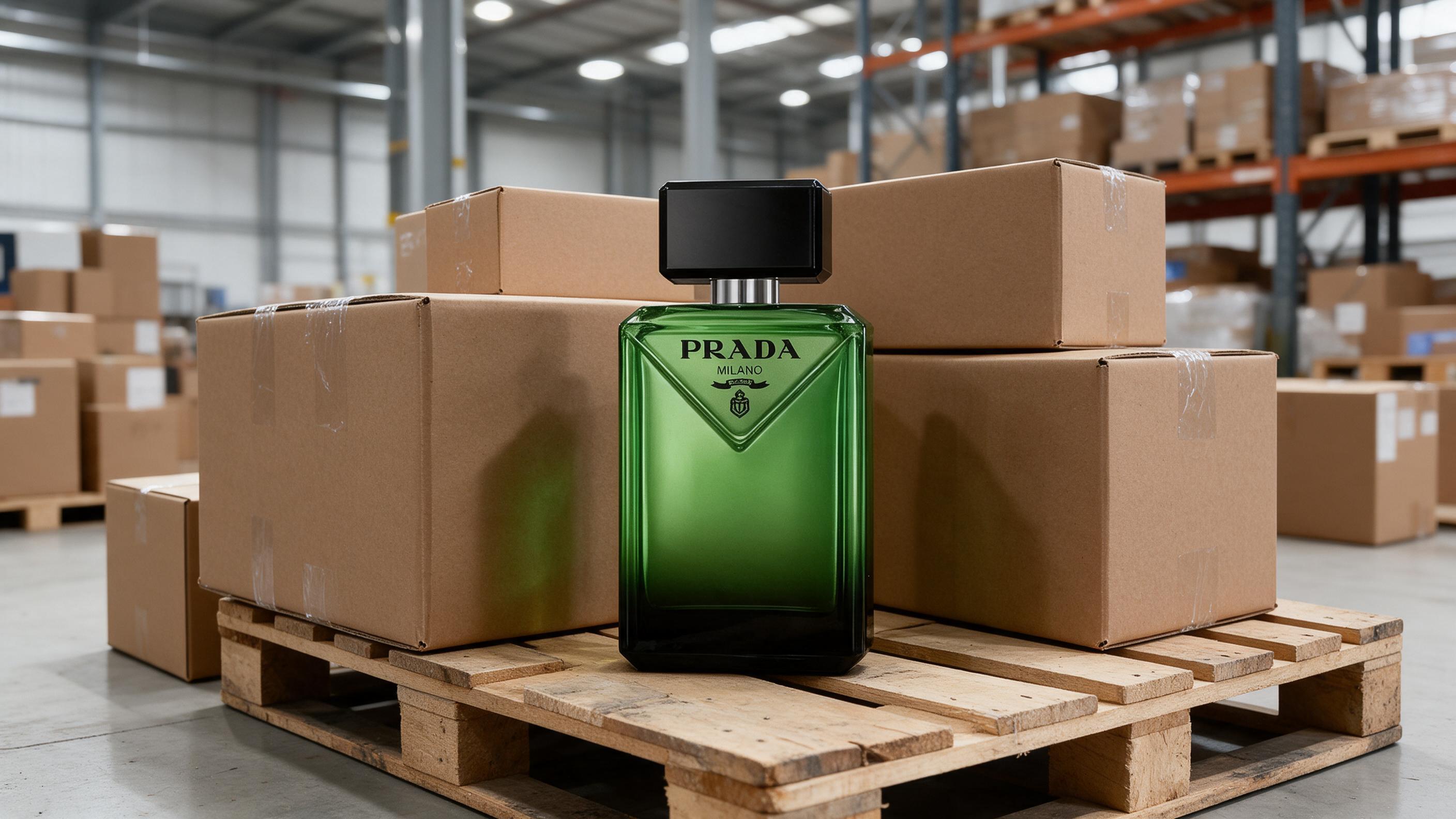 an elegant perfume bottle standing on a wooden pallet surrounded by sealed cardboard shipping boxes in a bright warehous