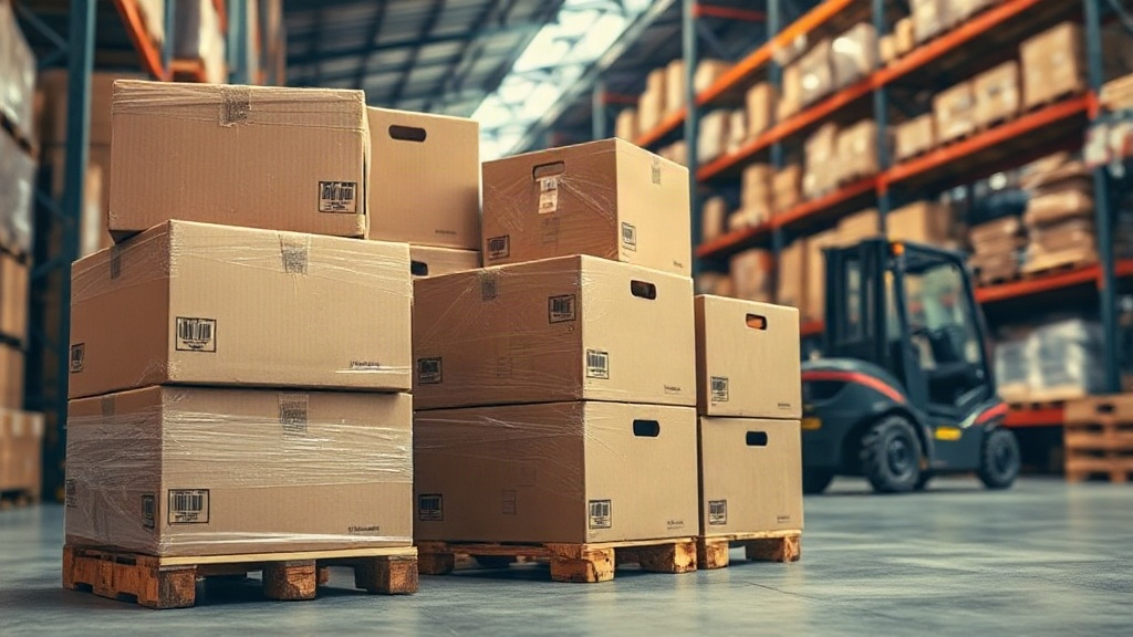 wide shot of a logistics warehouse interior with stacked brown cardboard shipping boxes on wooden pallets, shrink wrap v