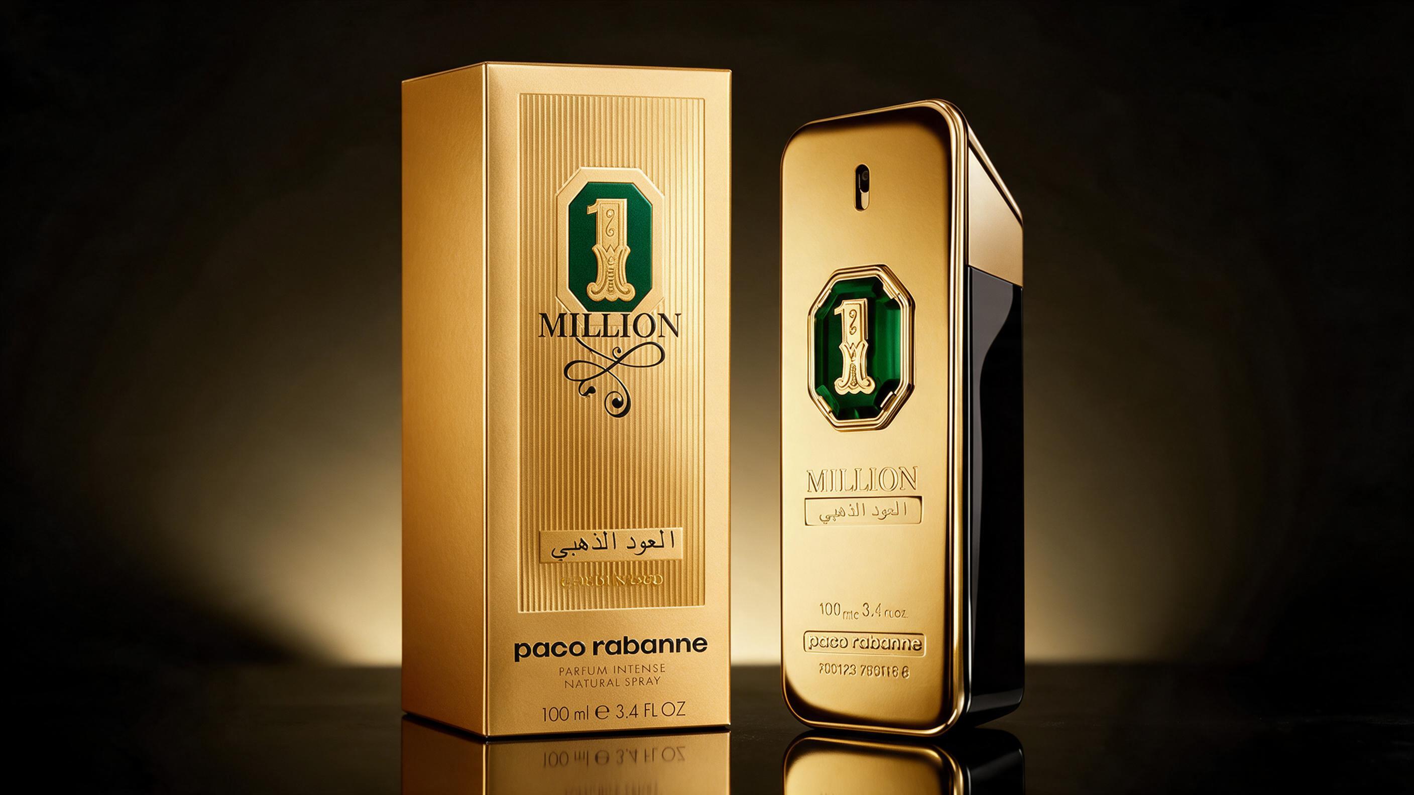 Professional studio product photo of an elegant gold-tinted designer perfume bottle with a faceted cap, standing on a po