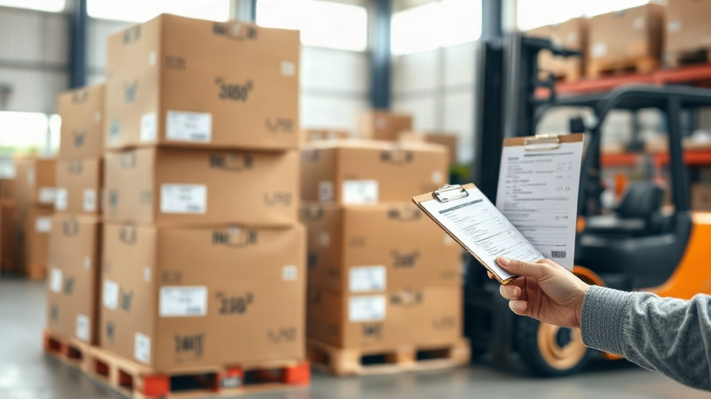 warehouse interior with stacked cardboard shipping cartons on wooden pallets, a hand holding a clipboard checking a deli