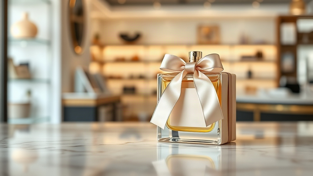 elegant perfume gift box wrapped with satin ribbon displayed on a polished marble counter, soft boutique lighting, no bo