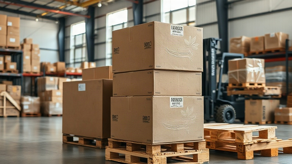 warehouse interior with stacked cardboard shipping boxes and wooden pallets prepared for wholesale fragrance distributio