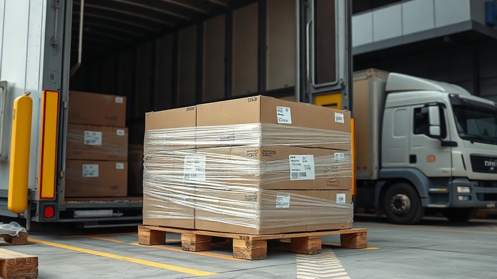 photo of a loading dock with a stack of sealed cardboard cargo boxes on a wooden pallet being wrapped in stretch film, a