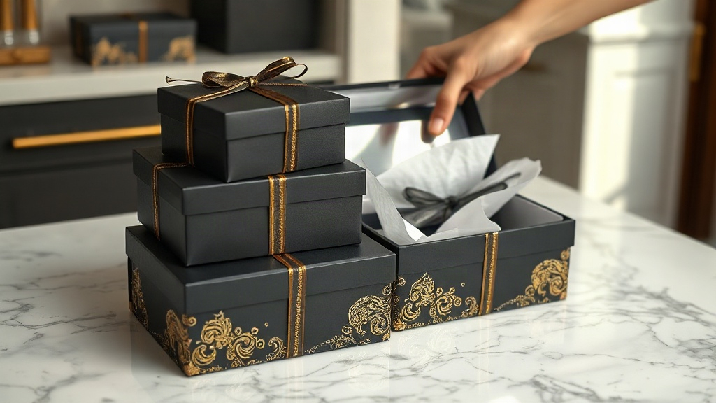 elegant black gift boxes with gold foil detailing stacked on a marble counter, one box partially open with tissue paper