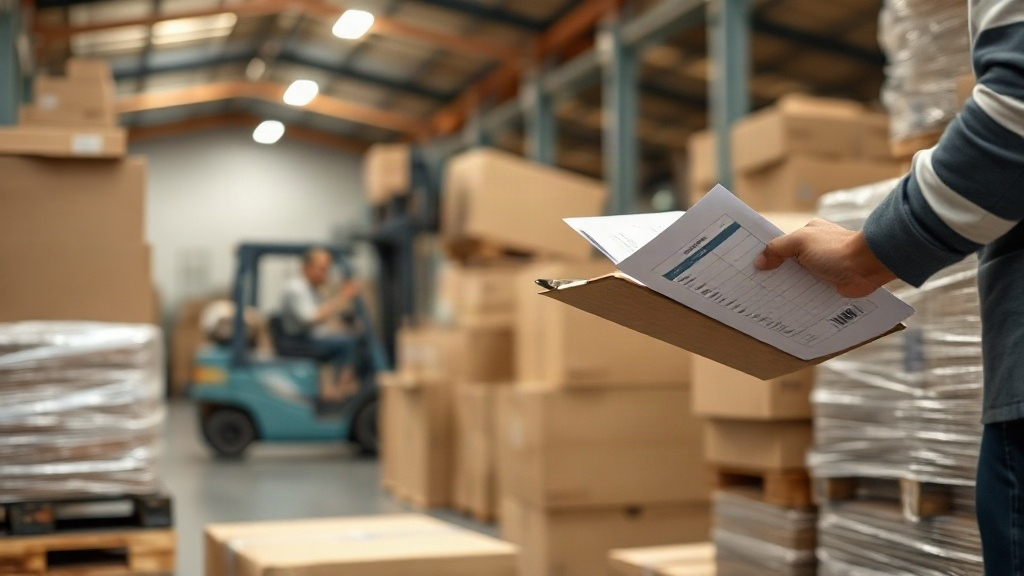 warehouse scene with stacked cardboard shipping cartons and wrapped wooden pallets, a hand checking a clipboard delivery