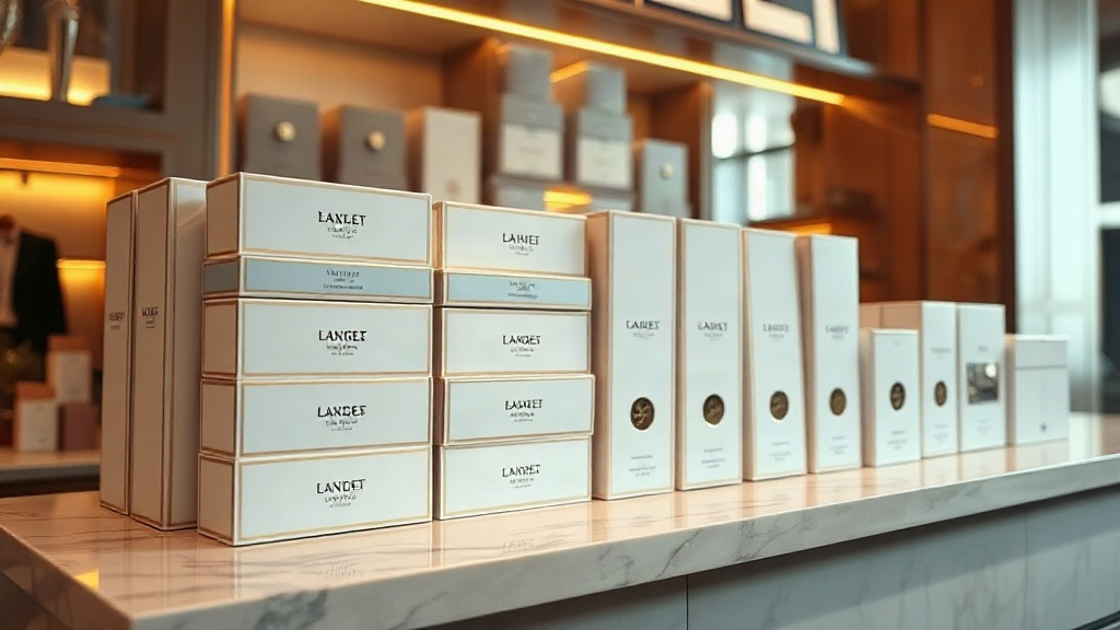 elegant retail boutique shelf with neatly stacked closed perfume gift boxes and cartons, warm ambient lighting, marble c