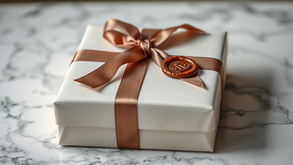 close-up of an elegant gift box wrapped with satin ribbon and a wax seal resting on a marble counter, soft studio lighti