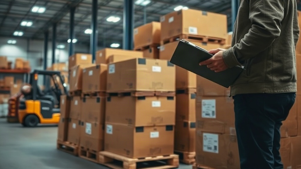 warehouse interior with stacked wooden pallets of sealed brown cardboard shipping boxes, a warehouse worker's hand 