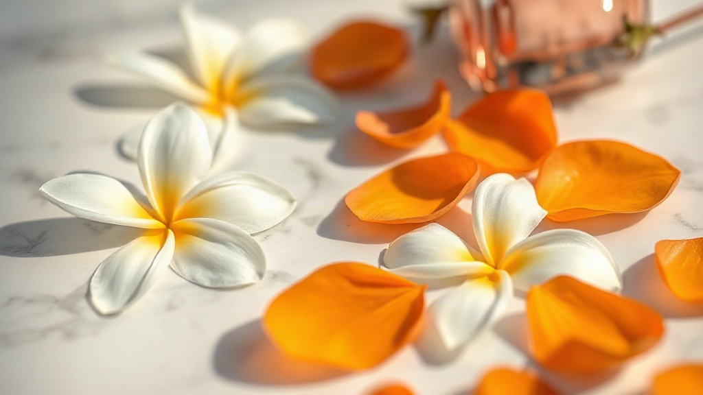 close-up of fresh jasmine and orange blossom petals arranged on a white marble surface with soft warm daylight, elegant 