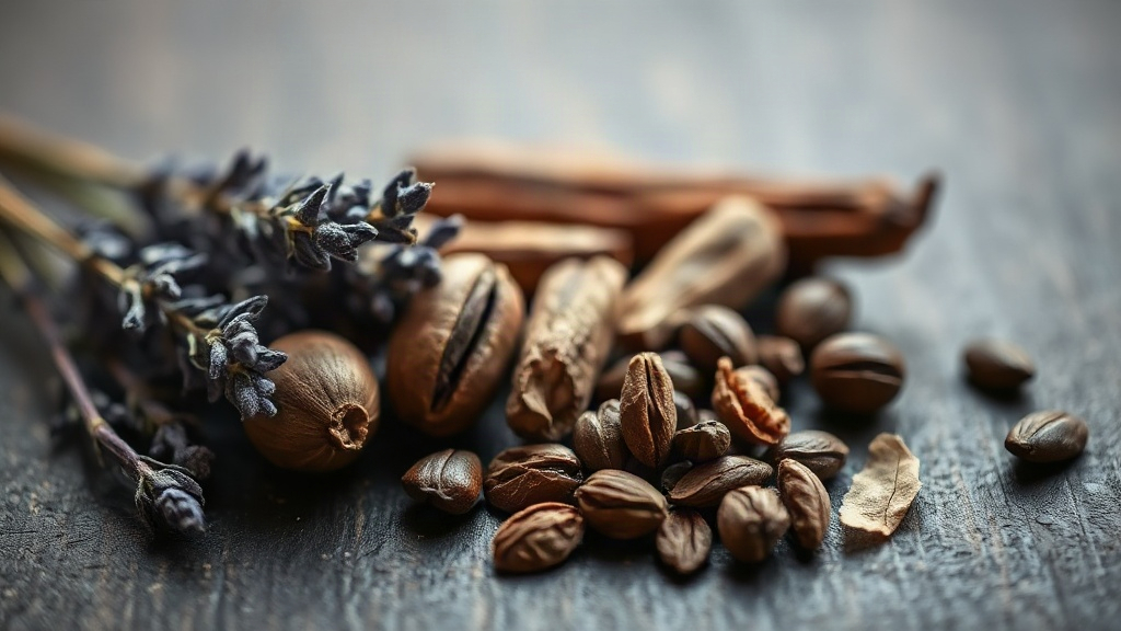 close-up still life of fragrance raw materials for a warm oriental-woody men's perfume: dried lavender sprigs, whol