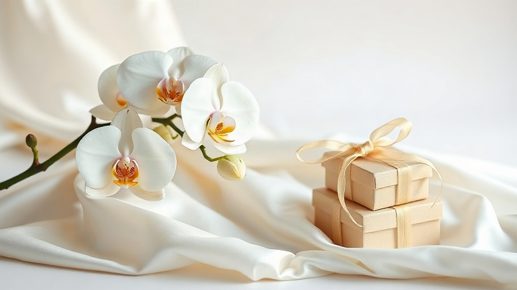 elegant folded ivory silk fabric draped beside fresh white orchid blossoms and a small stack of ribbon-tied gift boxes, 