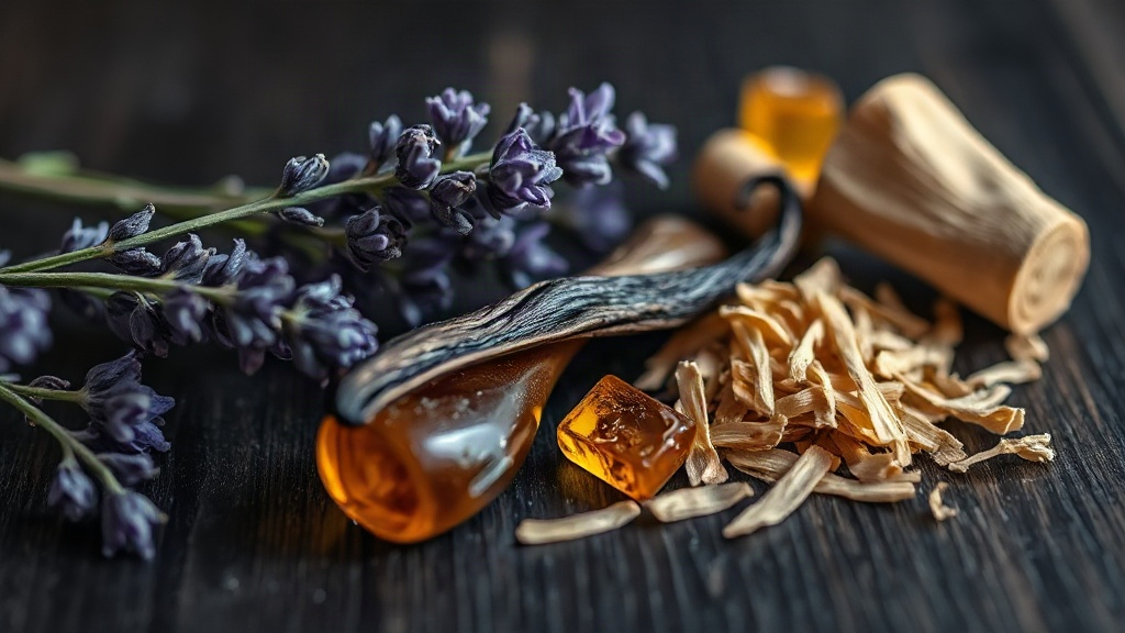 Close-up still life of fresh lavender sprigs, a vanilla pod, amber resin chunks, and cedar wood shavings arranged on a d