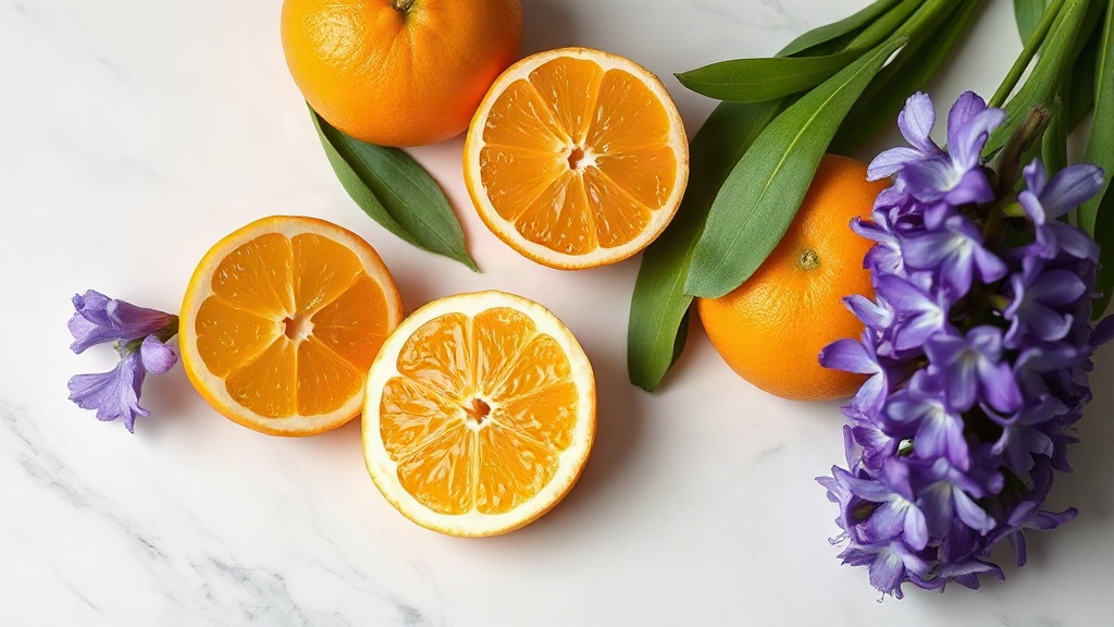 bergamot halves, mandarin orange slices, and fresh hyacinth flowers arranged on a pale marble surface with soft natural 