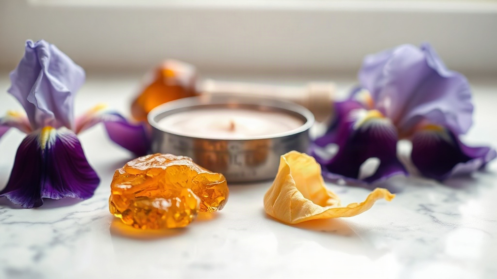 close-up still life of iris flowers, amber resin chunks, and fresh bergamot peel arranged on a white marble surface, sof