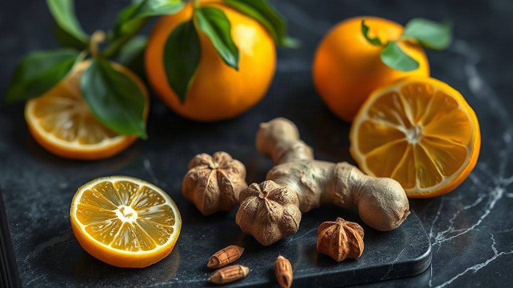 close-up of fresh bergamot fruits, ginger root and nutmeg arranged on a dark marble surface, soft natural side lighting,