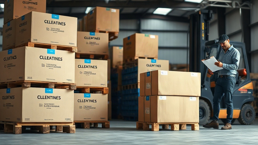 Warehouse interior with stacked wooden pallets holding branded cargo boxes, a forklift in the background, a warehouse wo