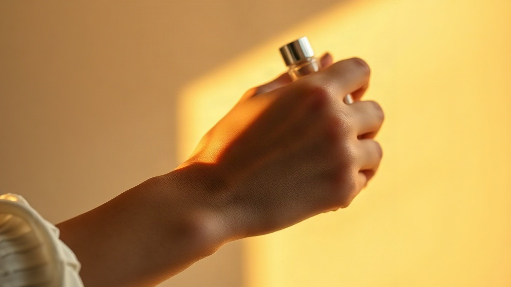 close-up of a woman's wrist and hand gently applying perfume with an elegant gesture, soft golden hour lighting, de
