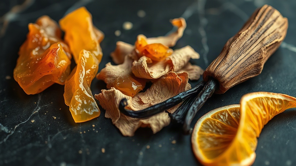 macro close-up of raw perfume ingredients arranged on dark marble surface, amber resin chunks, vanilla pods, cedarwood s