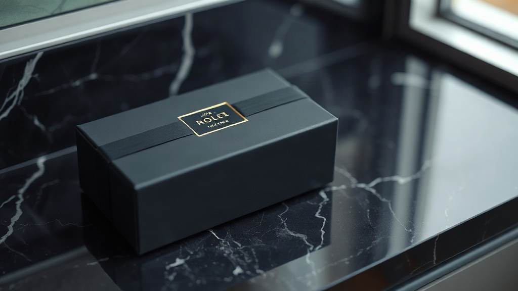 closed elegant perfume gift box on a dark marble countertop, minimalist product packaging photography, soft studio light