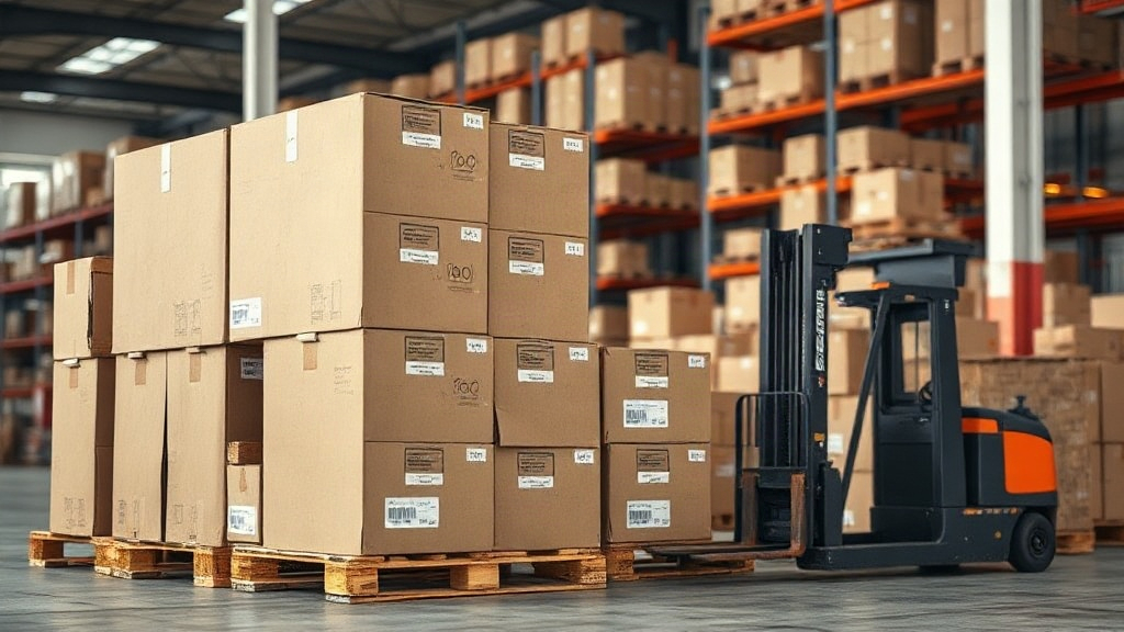 Warehouse interior with stacked cardboard shipping boxes on wooden pallets, a forklift pallet jack nearby, shipping labe