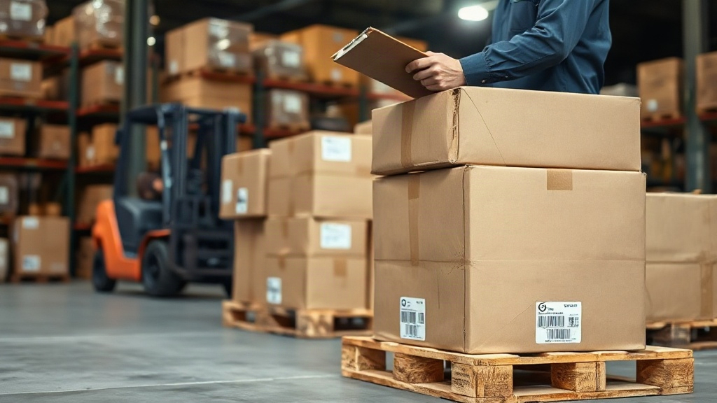 warehouse distribution scene with sealed cardboard shipping cartons stacked on wooden pallets, a worker's hand chec