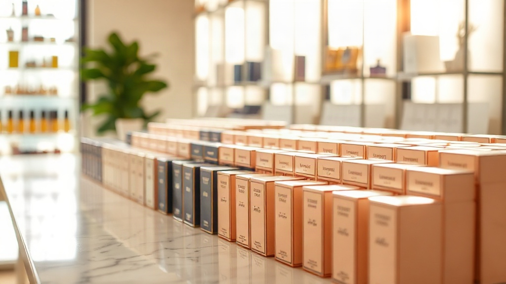 A sunlit retail shelf in an upscale perfume boutique, rows of elegant branded packaging boxes neatly arranged, marble co