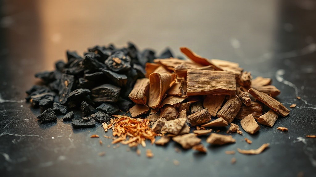 macro still life of raw dark oud wood chips, rosewood shavings and sandalwood pieces arranged on a black marble surface,