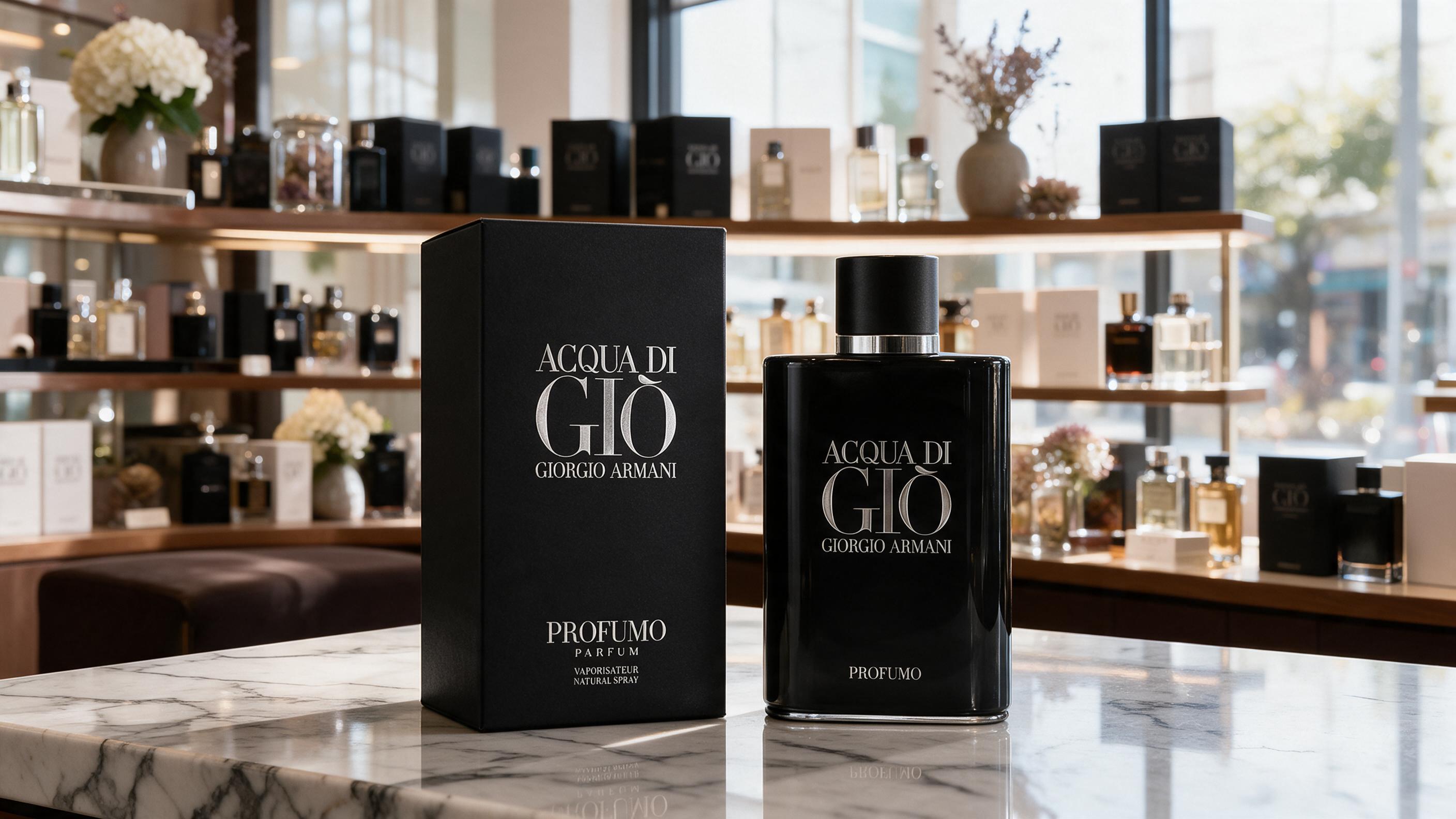 A sunlit retail shelf in an upscale perfume boutique, rows of elegant branded packaging boxes neatly arranged, marble co