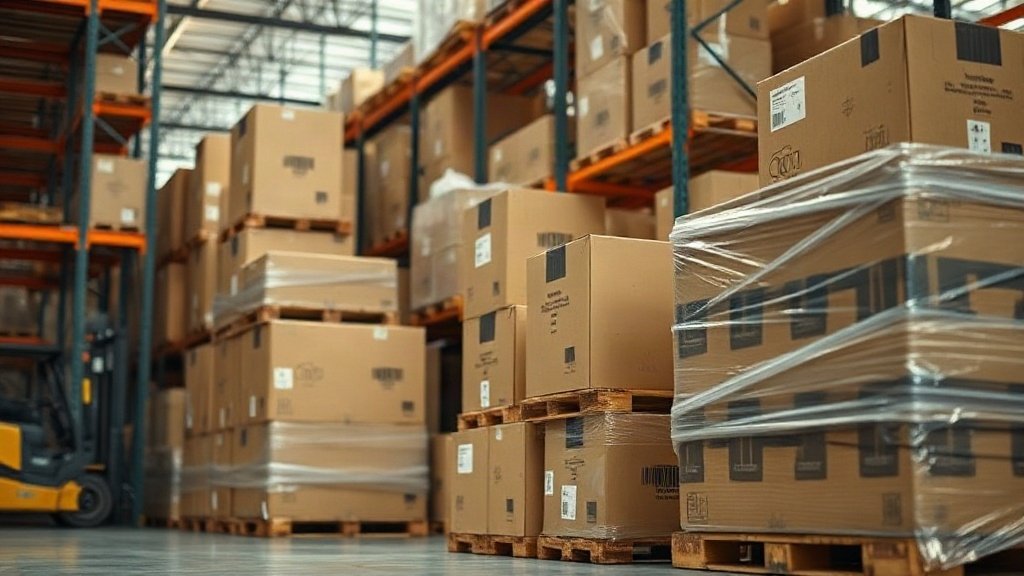 warehouse interior with tall steel racking, stacked cardboard shipping cartons and wrapped wooden pallets ready for whol