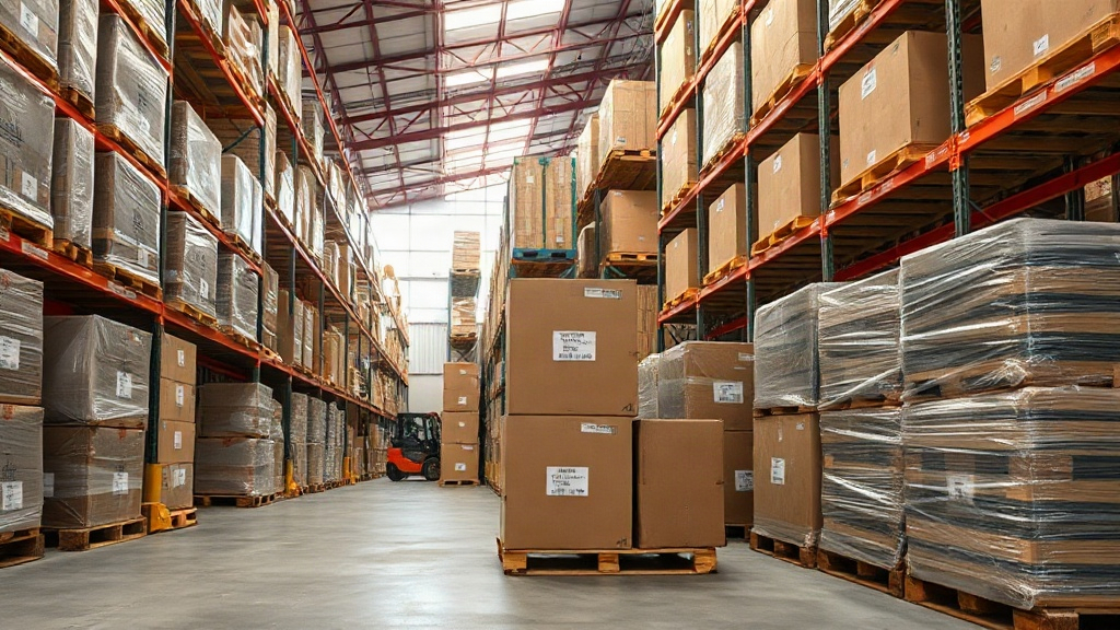 warehouse interior with stacked cardboard shipping boxes on wooden pallets, shrink-wrapped pallets ready for dispatch, f