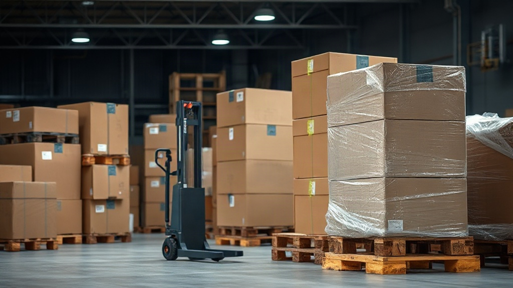 a warehouse scene with stacked cardboard shipping boxes and plastic-wrapped wooden pallets, a hand pushing a pallet jack