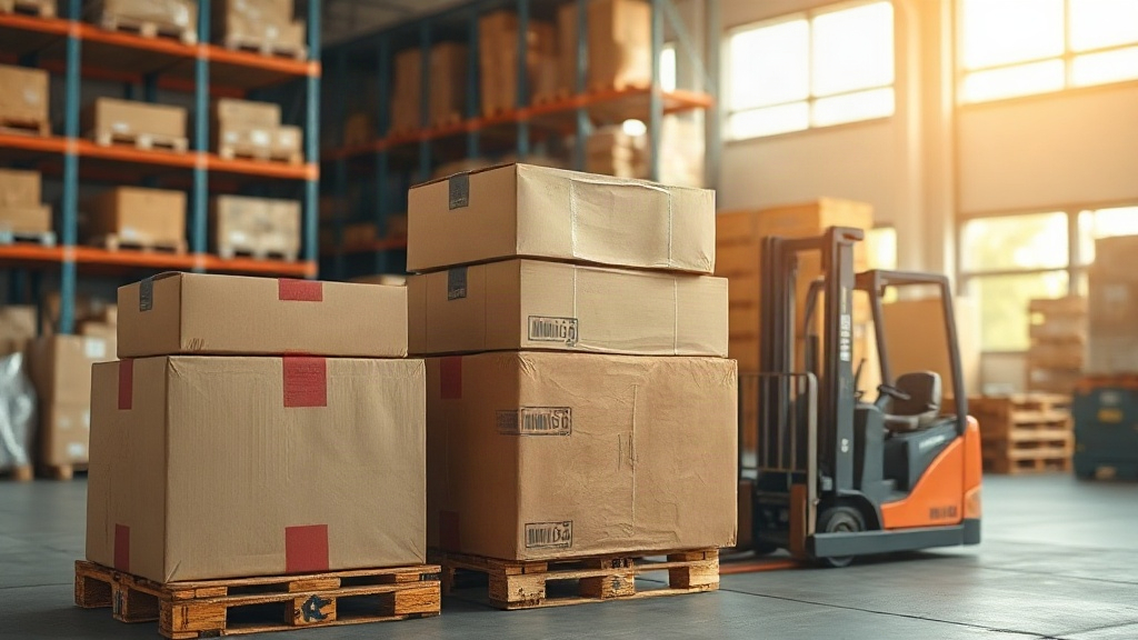 warehouse logistics scene with stacked cardboard shipping boxes on wooden pallets, forklift pallet jack, industrial shel