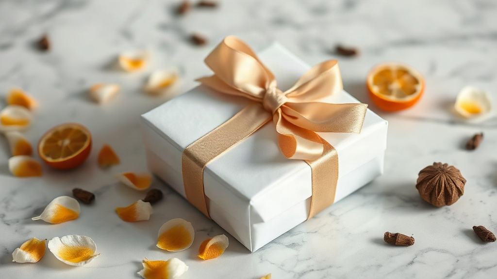 elegant closed perfume gift box wrapped in tissue paper with a satin ribbon, placed on a polished marble surface, surrou