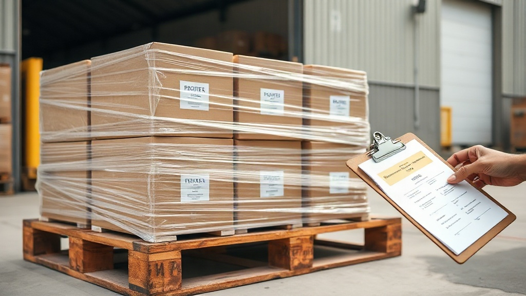 neatly stacked sealed retail-ready cardboard perfume boxes on a wooden pallet wrapped in stretch film, a hand holding a 
