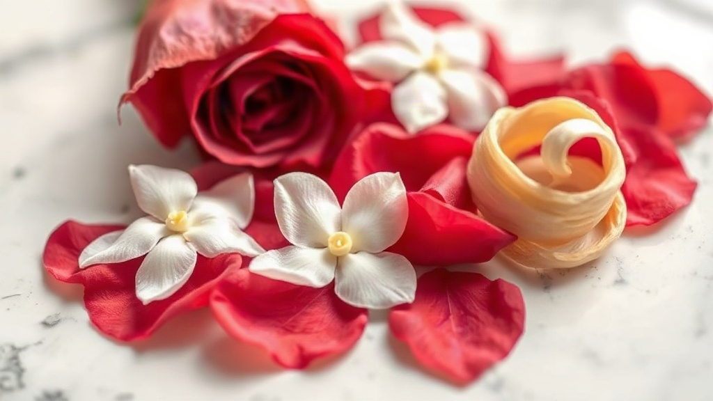 close-up still life of fresh rose petals, white jasmine blossoms and dried bergamot peel arranged on a white marble surf