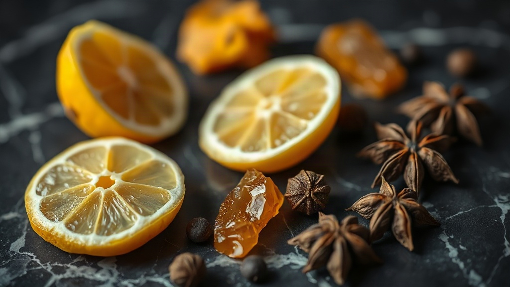 close-up macro photo of raw perfumery ingredients arranged on a dark marble surface - fresh bergamot halves, dried amber
