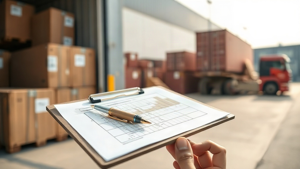 customs paperwork and a pen on a clipboard beside stacked cargo boxes on a loading dock, a hand holding shipping documen