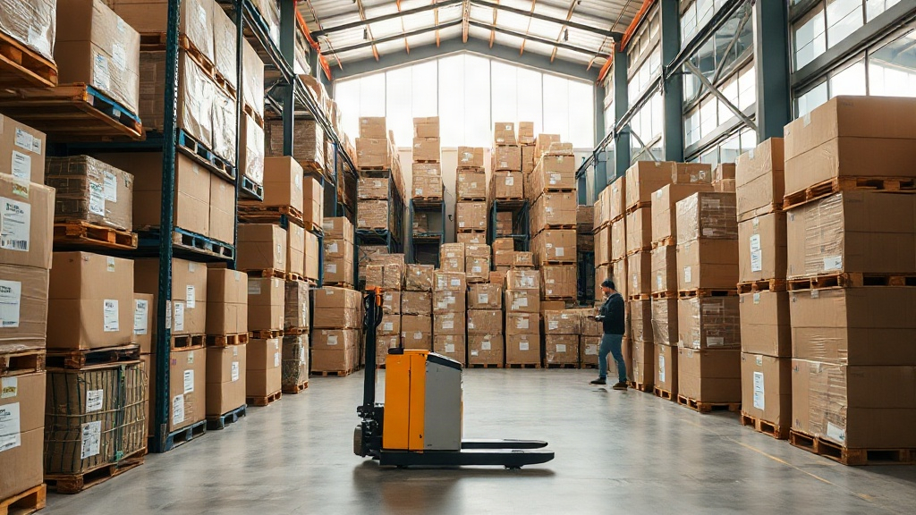 Wide shot of a tidy logistics warehouse with wooden pallets stacked with sealed cardboard shipping cartons, a pallet jac