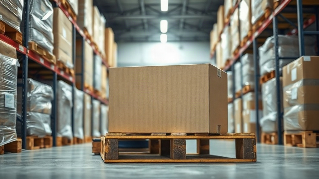 a warehouse worker's hands sealing a cardboard shipping carton on a wooden pallet stacked with wrapped boxes, indus