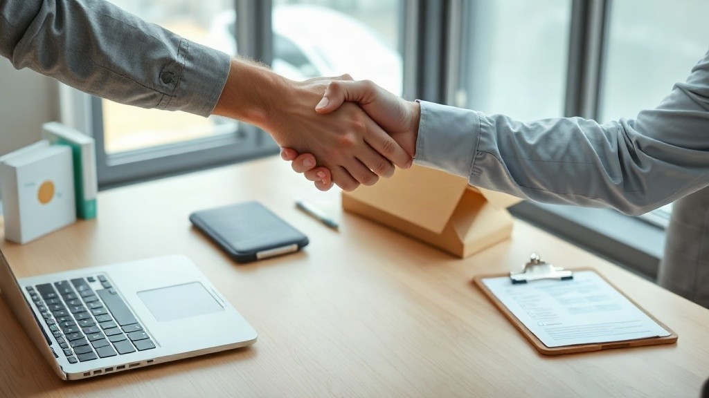 two business professionals shaking hands over a desk with an open laptop, shipping documents and a clipboard with checkl