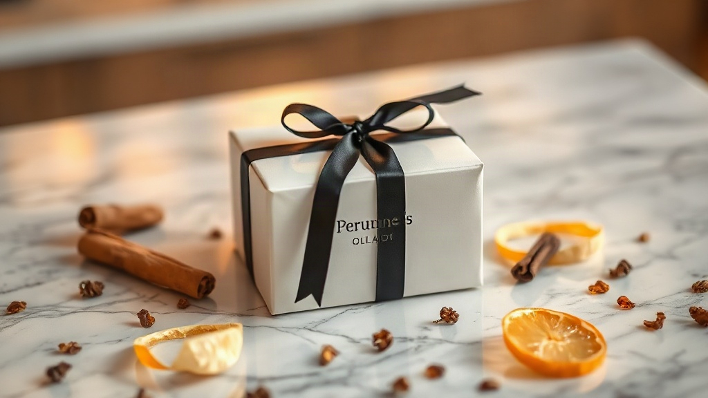 elegant closed luxury perfume gift box wrapped in dark ribbon on a polished marble counter, surrounded by scattered ambe