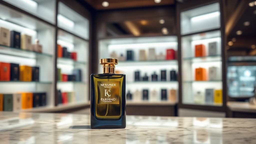 Elegant designer men's cologne bottle standing on a polished marble counter in an upscale perfume boutique, soft st