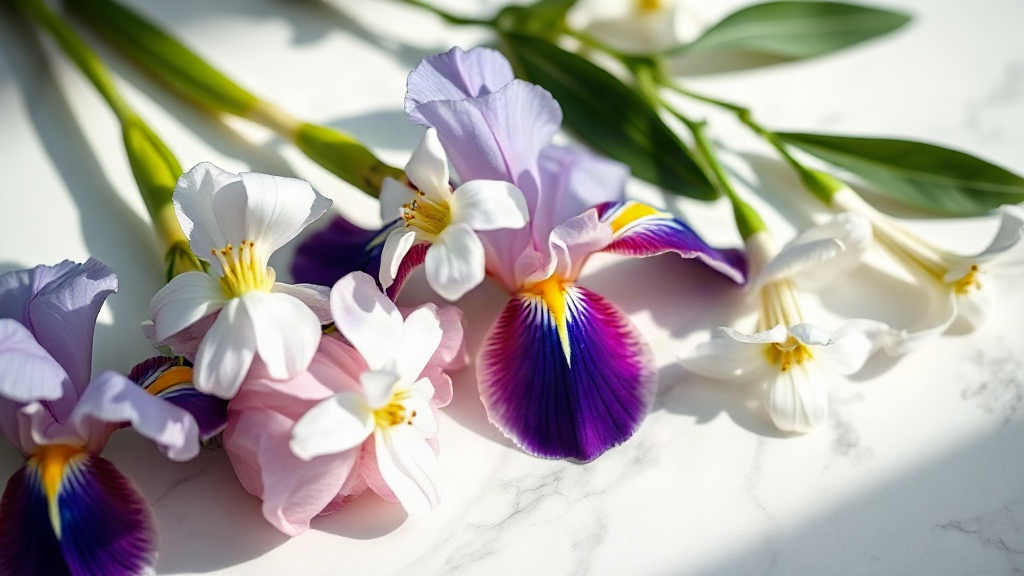 close-up of iris flowers and jasmine blossoms arranged on a white marble surface with soft natural daylight, elegant and