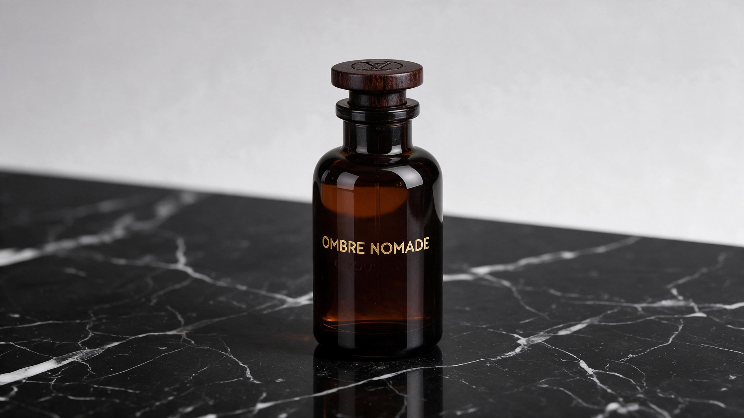 elegant amber-toned perfume bottle with a dark wooden cap standing on a polished black marble surface, soft directional 