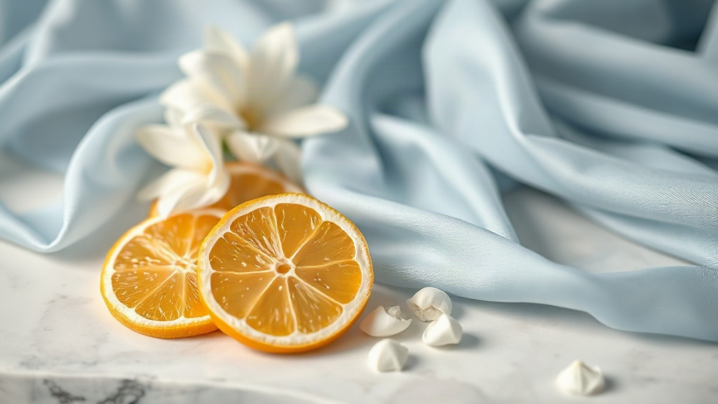 close-up still life of fresh bergamot citrus slices, white jasmine blossoms and sheer light-blue silk fabric draped over